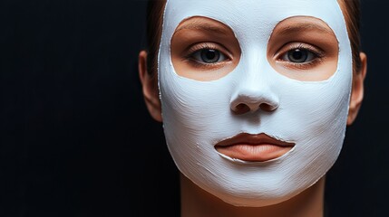 Fototapeta premium A serene woman with a white facial mask, gazing directly at the camera against a dark background, conveying a sense of relaxation and skincare.
