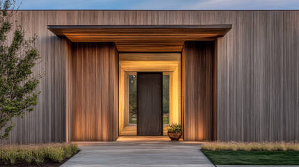 Fototapeta premium Modern wooden entrance with warm lighting at dusk in a contemporary home setting