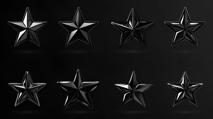 Obraz premium Set of chrome star shape with shiny metallic silver surface isolated on a black background,A visually striking set of stars 