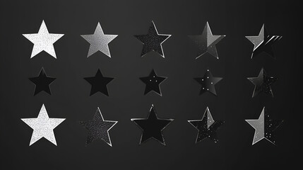 Set of chrome star shape with shiny metallic silver surface isolated on a black background,A visually striking set of stars 