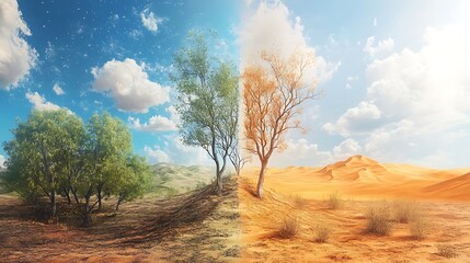 Naklejka premium Three-part landscape transition; left panel with rich forest and dense greenery, center with a semi-arid terrain and withered trees, right panel with expansive desert dunes and a hot, dry sky,