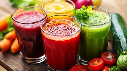 Vibrant juices in glasses showcase a variety of flavors, surrounded by fresh vegetables and fruits, promoting health and wellness.