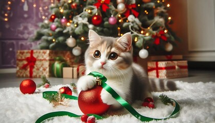 Cute kitten playing with a shiny red Christmas ornament and green ribbon, lying on a white snowy surface in front of a decorated Christmas tree with glowing lights and presents.