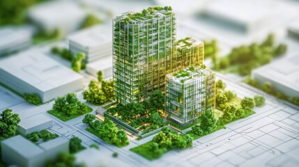 A miniature city with green, eco-friendly, sustainable buildings.