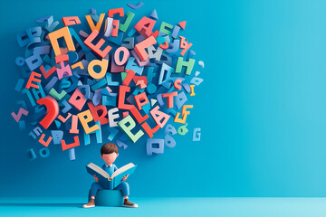 awareness campaigns, or support resources related to dyslexia and literacy challenges in children.Young boy is enjoying a book, totally absorbed in the reading process, floating letters