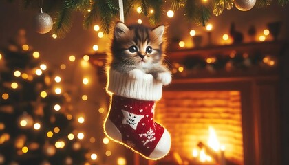 Adorable kitten snugly nestled in a Christmas stocking, hanging by the fireplace with festive lights in the background. Perfect for holiday greetings, decor, and pet lovers.