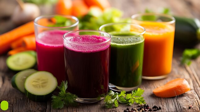 A vibrant selection of fresh vegetable juices in glasses, showcasing an array of colors from beets, greens, and carrots, with a rustic wooden background.