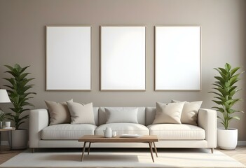 A modern living room with a beige sofa, beige throw pillows, and three empty white frames on the wall.