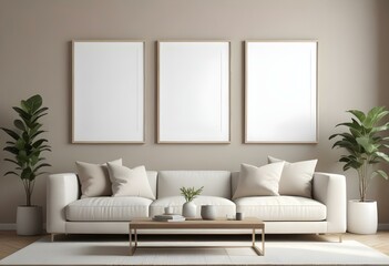 A modern living room with a beige sofa, beige throw pillows, and three empty white frames on the wall.