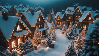 Cozy snow-covered village with warmly lit houses and decorated trees, creating a serene winter wonderland atmosphere. Perfect for holiday and Christmas-themed visuals.