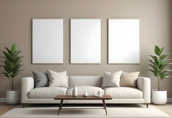 Fototapeta premium A modern living room with a beige sofa, beige throw pillows, and three empty white frames on the wall.