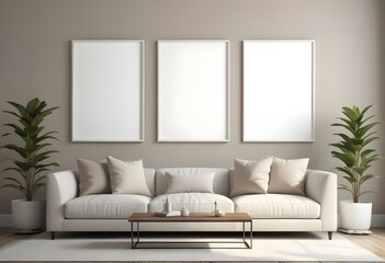 A modern living room with a beige sofa, beige throw pillows, and three empty white frames on the wall.