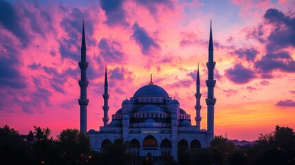 Fototapeta premium A majestic mosque with six minarets silhouetted against a vibrant, pink and purple sunset sky.
