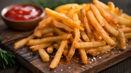 Close-up of a pile of deep-fried French fries glistening with oil, served on a wooden board with a side of tangy dipping sauce
