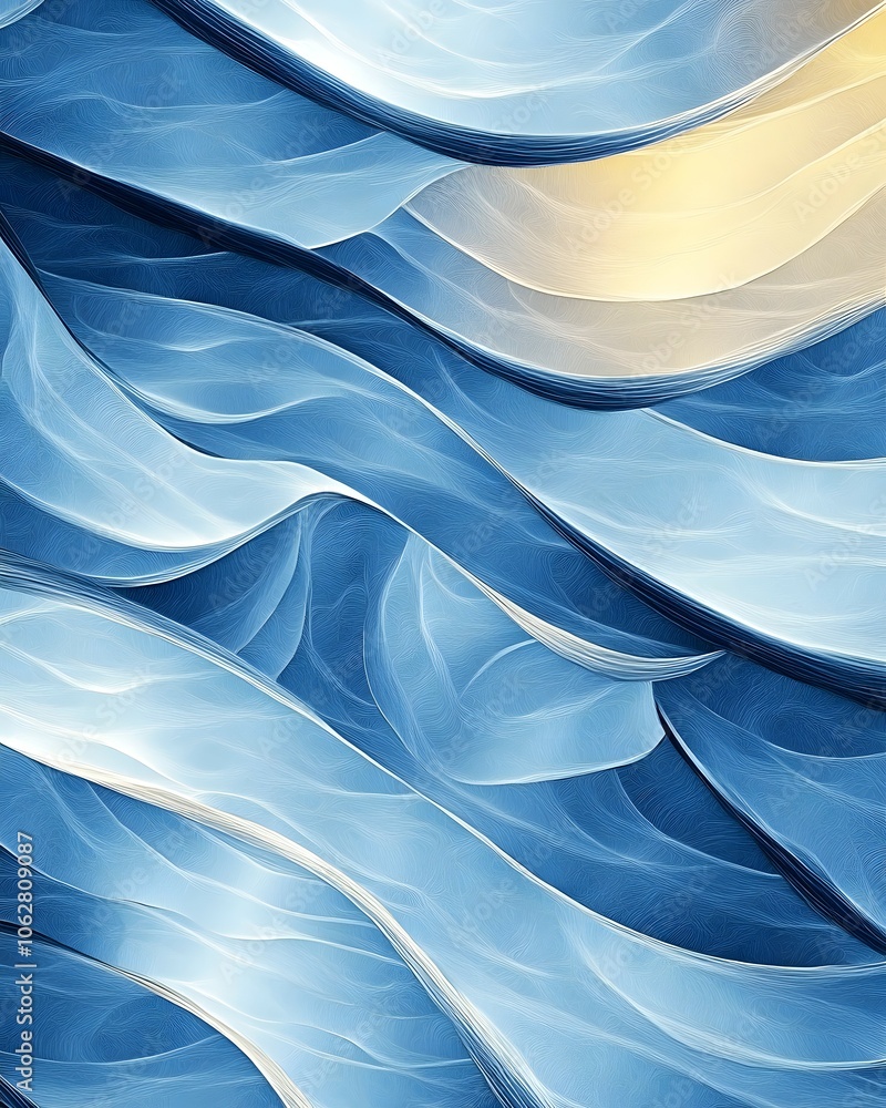 Poster abstract blue and white flowing pattern, creating a sense of movement and depth.