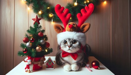 Adorable kitten dressed as a reindeer with festive antlers, surrounded by a small Christmas tree and holiday decorations, creating a cozy holiday atmosphere.