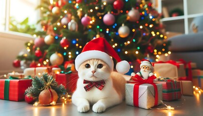 Adorable cat dressed in a Santa hat and plaid bow tie sitting by a beautifully decorated Christmas tree. Festive scene with gifts and ornaments, perfect for holiday cheer and warmth.