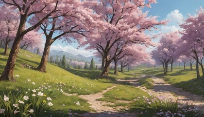 Obraz premium Spring Landscape Illustration – Blooming Trees and Vibrant Flowers in a Serene Nature Scene