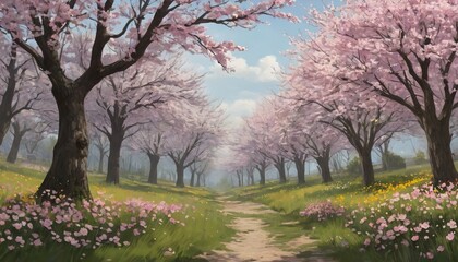 Obraz premium Spring Landscape Illustration – Blooming Trees and Vibrant Flowers in a Serene Nature Scene