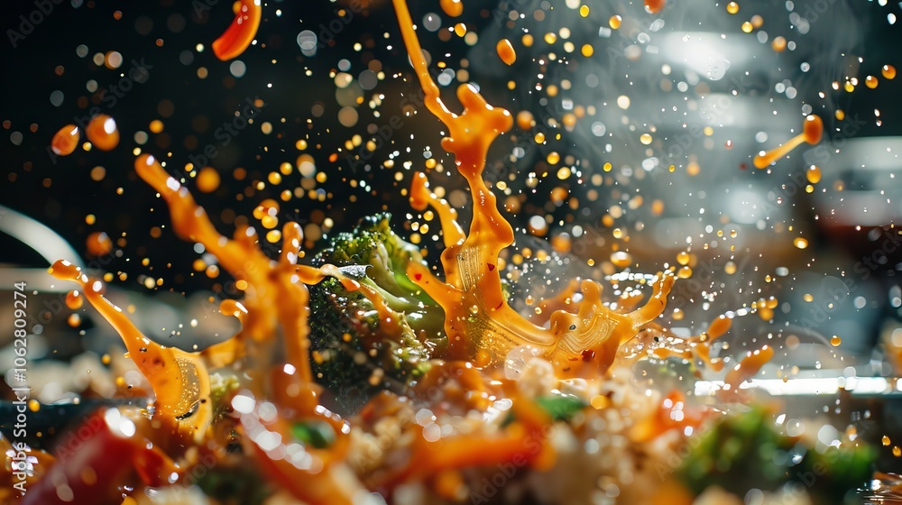 Poster close-up shot capturing the moment sauce splatters over food items, creating a dynamic movement