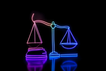 An abstract representation of a judge's gavel and scales of justice formed by dazzling blue and purple neon light trails on a dark background.