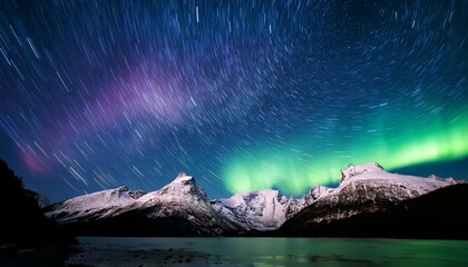 Naklejka premium オーロラが輝く星空と雪に覆われた山々Starry sky with aurora and snow-covered mountains