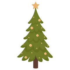Christmas tree vector flat illustration isolated on transparent background. New Year tree with gold balls and a star.
