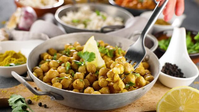 curry chickpea, indian dhal with curry and coriander, rice, naan bread