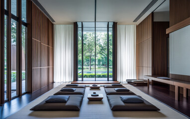 Fototapeta premium Modern minimalist room with seating and large windows overlooking a tranquil garden
