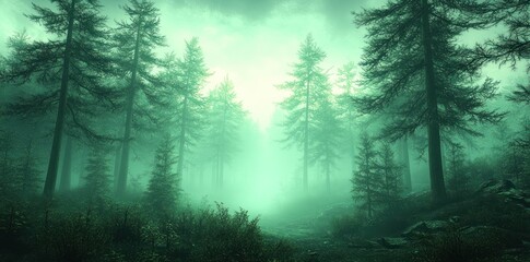 Obraz premium A Foggy Forest Path With Tall Pine Trees