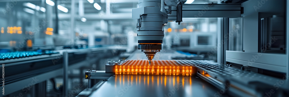 Poster high-tech metallic manufacturing process showcasing advanced robotic automation,precision machinery,