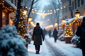 A winter Christmas tale on the festive streets of snowy Prague with decorated trees and walking...