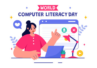 World Computer Literacy Day Vector Illustration on December 2, Featuring Books and Media Equipment to Promote Education in a Flat Style Background