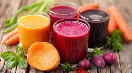 Vibrant juices in glasses with fresh vegetables, showcasing colorful, nutritious blends on a rustic wooden table.