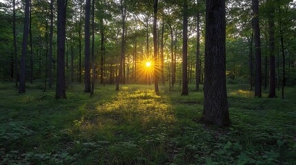 A forest’s journey through a single day; sunrise with soft, golden rays touching tree trunks, midday with bright sunlight filtering through dense foliage, and sunset with warm,