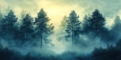 Fototapeta premium Tall Pine Trees Silhouetted Against a Misty Morning Sky