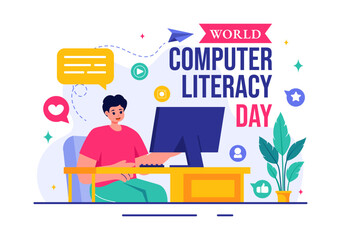 World Computer Literacy Day Vector Illustration on December 2, Featuring Books and Media Equipment to Promote Education in a Flat Style Background