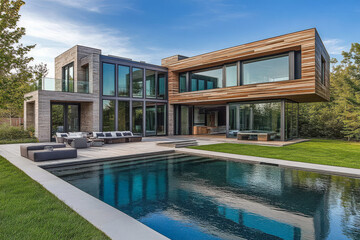 Fototapeta premium Modern architectural design of a stylish house with a swimming pool in a serene location