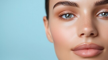 Obraz premium A close-up portrait of a woman's face showcasing flawless skin, defined brows, and radiant blue eyes against a soft blue background.