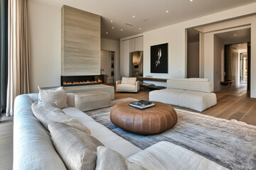 Modern living room with neutral tones and minimalistic design showcasing a cozy fireplace area
