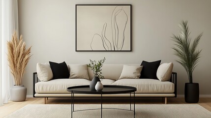 Beige sofa and black coffee table in a modern living room, Beautiful modern living room with wooden beams
