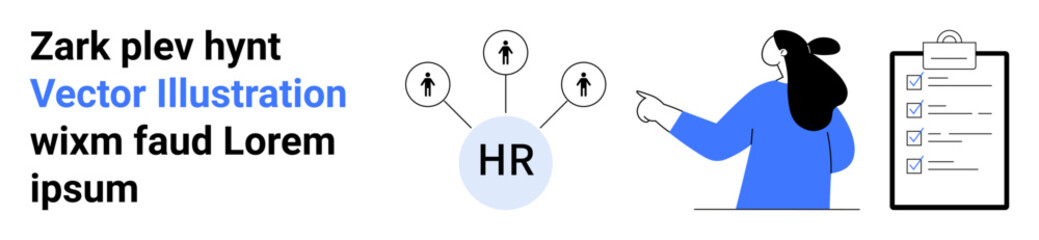 HR manager pointing at various human resources icons connected by lines, clipboard with checklist in the background. Ideal for HR processes, team management, employee onboarding, training modules