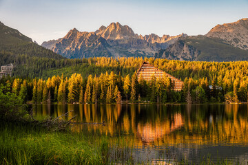 Fototapeta premium Mountain lake Strbske pleso. Strbske lake with view of the High Tatras National Park, Slovakia