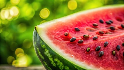 A vibrant, juicy watermelon slice bursts with color, its seeds scattered around.
