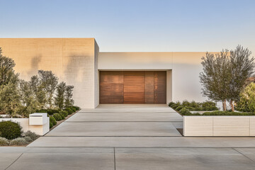 Modern architectural residence with a wooden entrance and a landscaped driveway at sunset