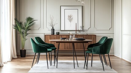 Obraz premium Beige wooden dining room interior with a retro