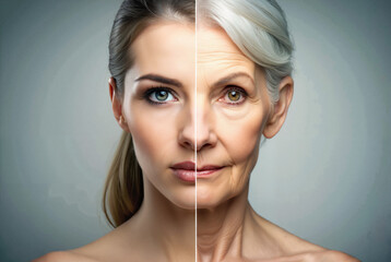 Split portrait showing young and old faces of same woman

