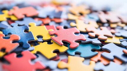 A vibrant assortment of uniquely shaped puzzle pieces lies on a light backdrop, sparking imagination and playful exploration.