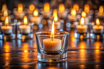 Single burning candle with multiple candles in background

