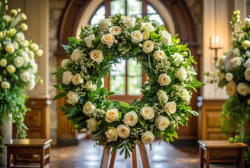 White rose wreath in church for a funeral or memorial service